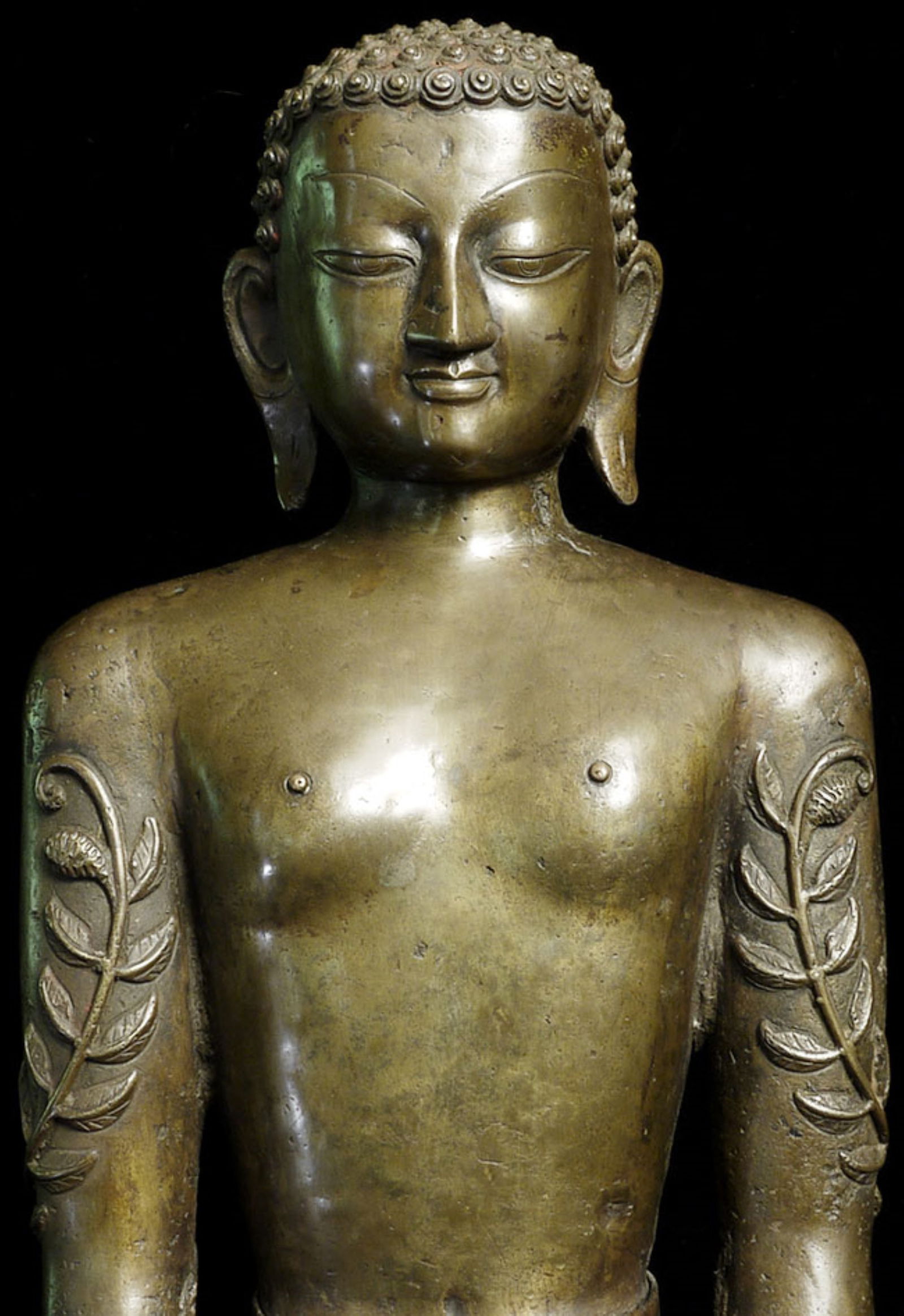 19thC Nepalese Jain Bronze Jina with Vines Growing up His Legs. Large