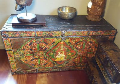 17th/18th Century Tibetan Chest with Large Stupa Motif – Old Paint – Ex: Estate of Gary