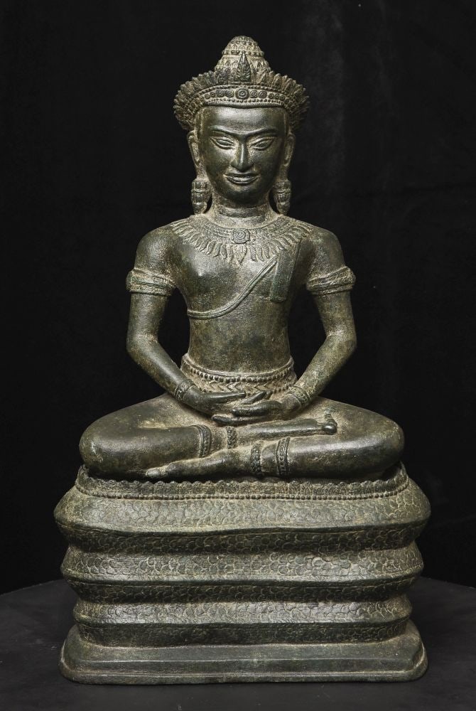 Exceptional 12th/13thC Cambodian Bronze Buddha Sheltered by Naga – Finely Cast: Very large and commanding Cambodian bronze Naga Buddha in the 12th/13th-century style. From the lifelong collection of a world traveler and international rug dealer, from whom I acquired five superb e