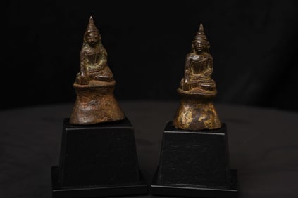 Pair -17thC Burmese Bronze Mon style Buddhas on new custom museum style bases.