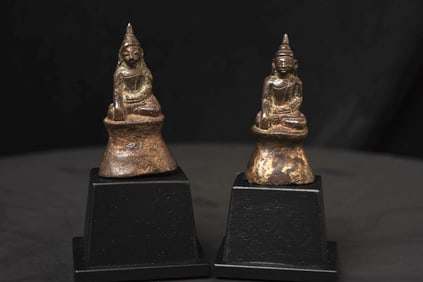Pair -17thC Burmese Bronze Mon style Buddhas on new custom museum style bases.