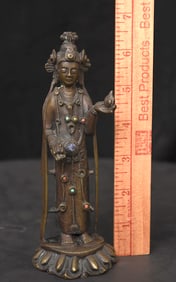 16/17thC Korean Bronze Buddha Bodhisattva- fine example- solid cast, stones, great face