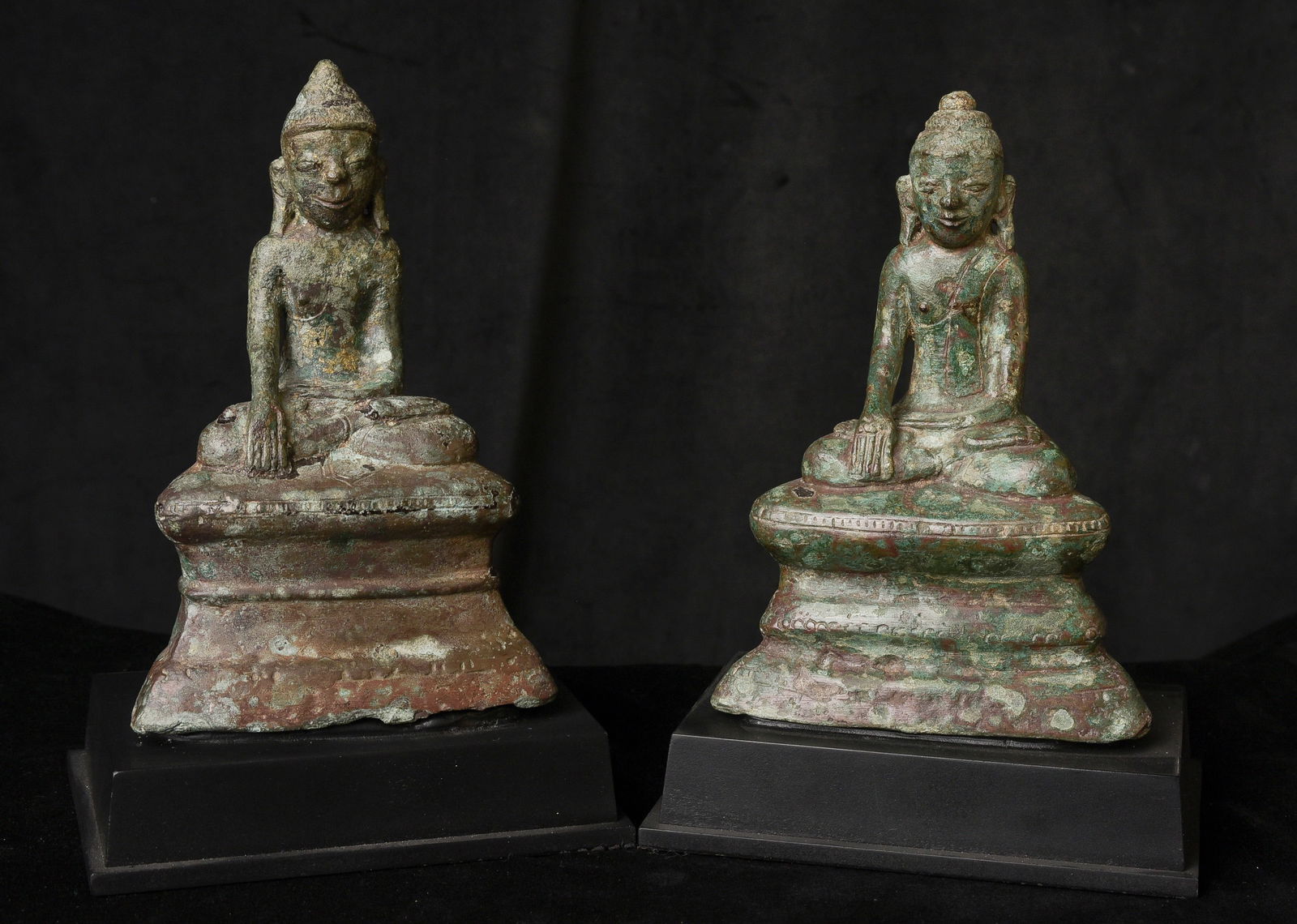 Rare Pair of 10th–13thC Burmese Mon-Style Buddhas on Custom Bases: Bid is for a pair of exceptionally rare early Burmese Mon-style Buddhas, dating approximately to the 10th–13th Century. A matched pair of this age and type is extraordinarily uncommon—possibly uni