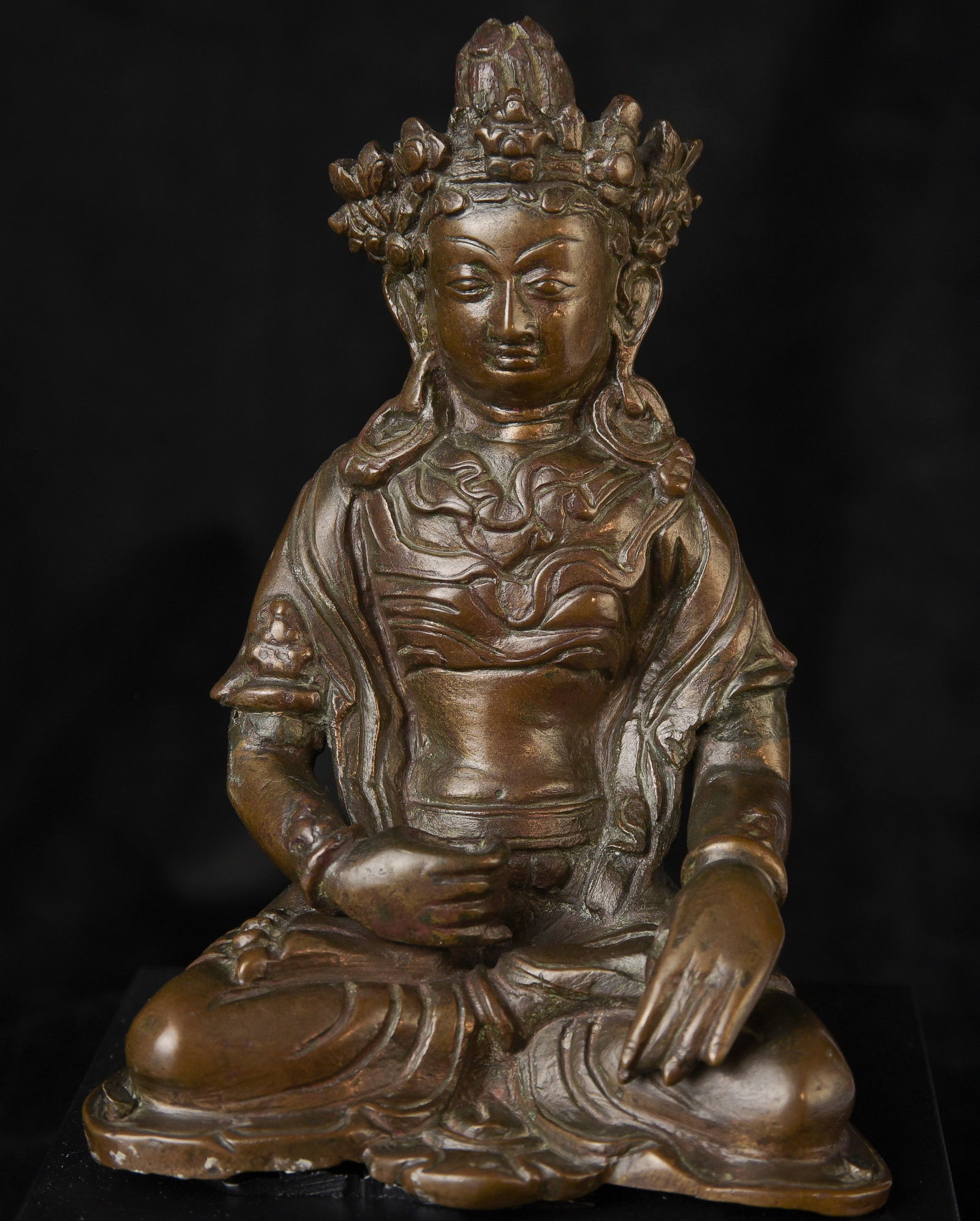 Rare Type 18thC Tibetan Buddha or Bodhisattva: Rare 18th Century Tibetan Buddha or Bodhisattva. Measures 5.25" tall (not including custom base). The sculpting is highly distinctive, especially in the deliberately asymmetrical crown and robe treatm