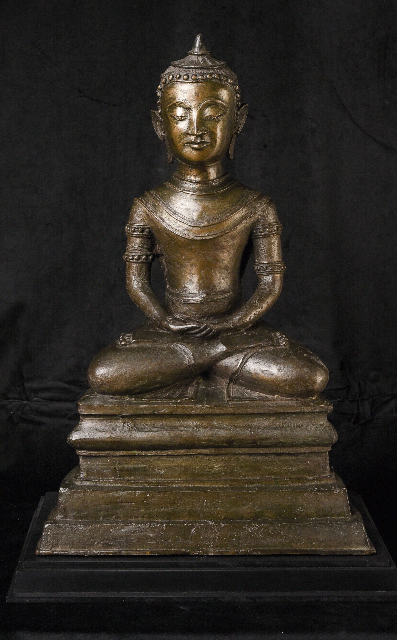 Exceptional 18thC (or Earlier) Burmese Portrait Buddha — Large, Fine: A unique and unusually large Burmese Buddha, distinguished by facial features and a hairstyle that resemble portrait sculpture, possibly even of a specific individual—potentially a Westerner, someth