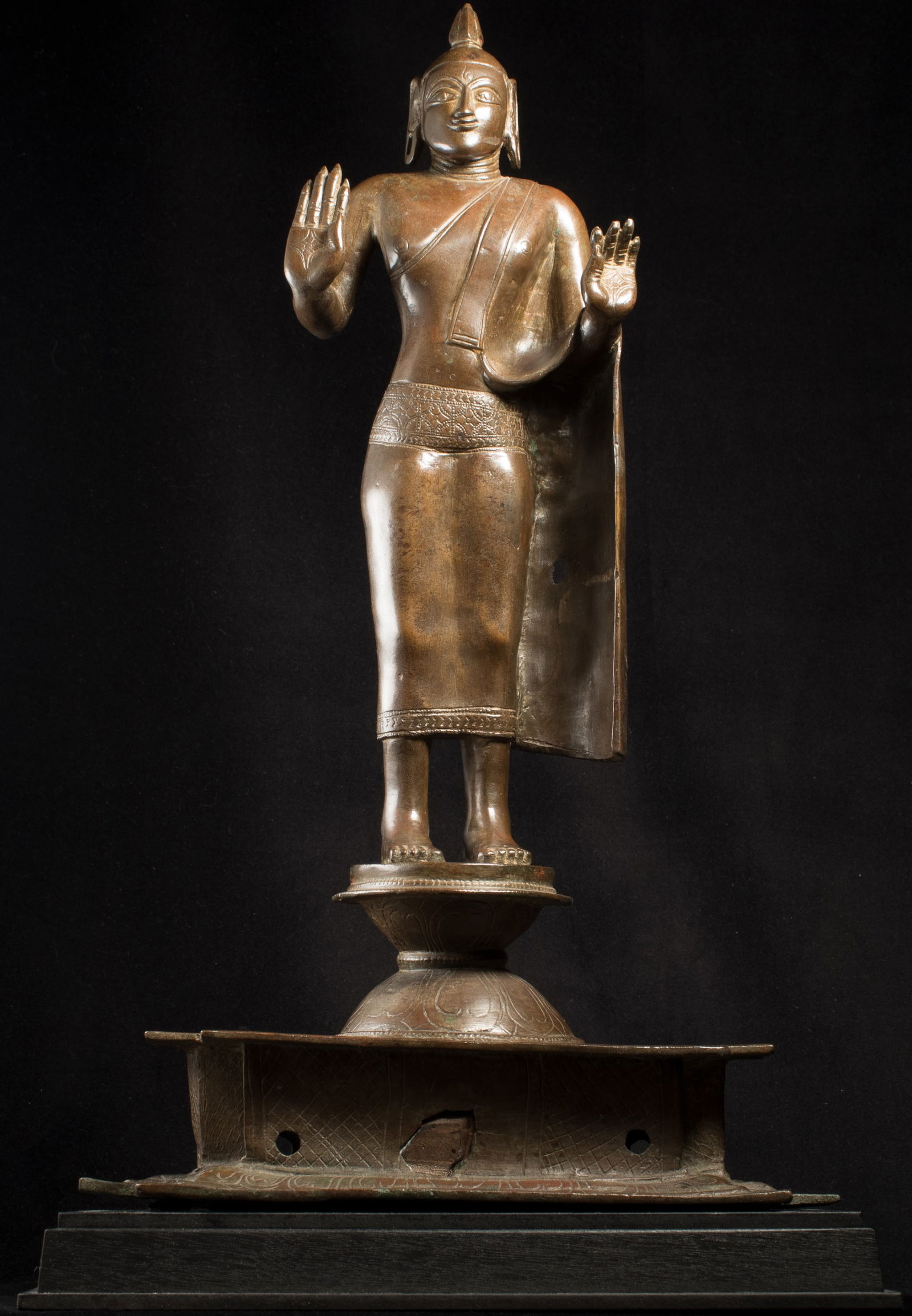 14th-16thC Large Bronze Indian Bronze Buddha. Large Nagapattinam Style: One-of-a-Kind 14th–16th Century Nagapattinam Standing Indian Bronze Buddha, A rare and exceptional example from Nagapattinam, closely related in both geography and period to the celebrated Chola bro