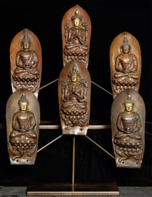 18thC Tibetan Copper Buddhas and Bodhisattvas. 2 Matched Sets of 3 (Six Total)