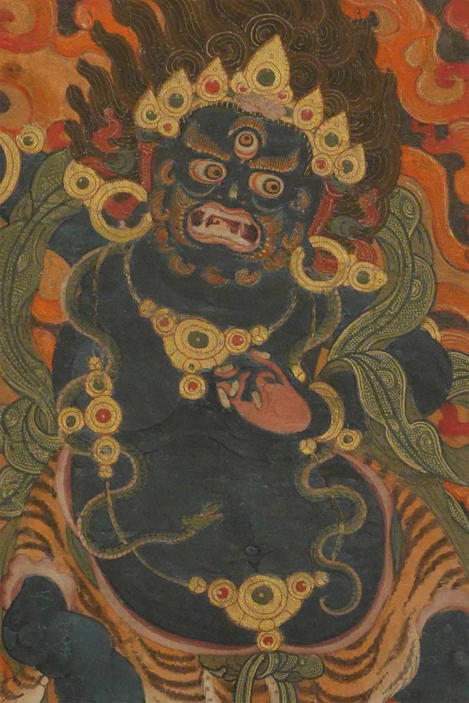 18thC Extremely Finely Painted Tibetan Thangka. Best: Vibrant and finely painted Tibetan thangka of a fierce protective deity. One of the finest thangkas I have acquired in all my years of collecting. Beyond the exceptional painting quality, vivid pigmen