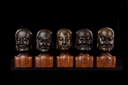 Five Chinese Bronze Lohan Heads (Ming/Early Qing), Expressive and Well Cast