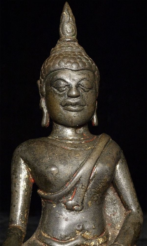 Rare 13thC/Earlier Southeast Asian Buddha. Important Transitional Style: Early Southeast Asian Buddha — Fascinating and Unique Transitional Example. A remarkable early Southeast Asian Buddha showing a blend of Burmese, Thai, and Khmer influences, suggesting a 13th-centur