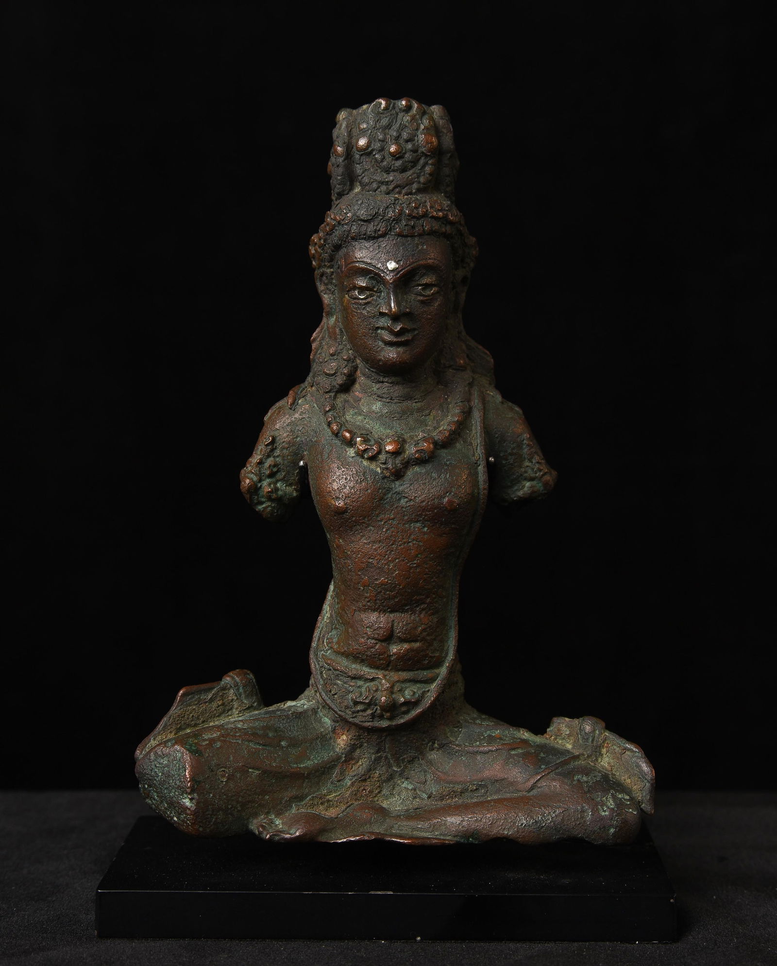 11thC West Tibetan/Other Himalayan Bronze Bodhisattva with Silver Inlays: 11thCentury (Possibly Earlier) West Tibetan Bronze Bodhisattva with Silver Inlays. This remarkable West Tibetan bronze bodhisattva stands apart for its distinctly Western aesthetic influences, far mor