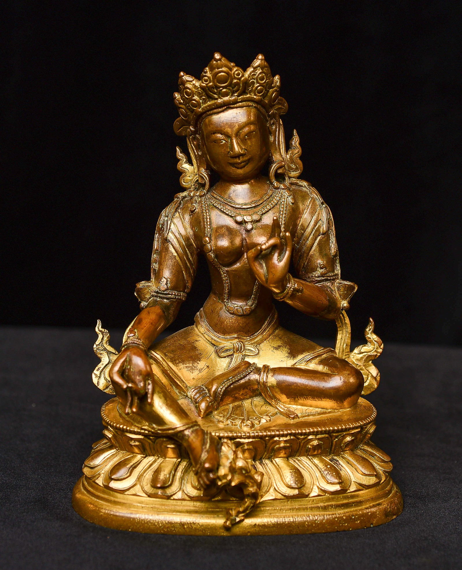 17th/18thC Heavy Tibetan Bodhisattva. Finest Semi-Gilt, Precious.: Very Fine 17th–18th Century Heavy Tibetan Bodhisattva. This exceptionally fine 17th–18th century Tibetan Bodhisattva is distinguished by its remarkable weight, density, and the soft, luminous glow