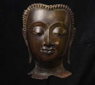 Finest 15thC Thai Bronze Buddha Head, from a high-level or royal foundry.Magnificent Large