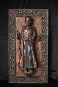 Large, 18thC exquisitely carved Burmese monk-probably from a temple wall.I’ve seen 2 closely