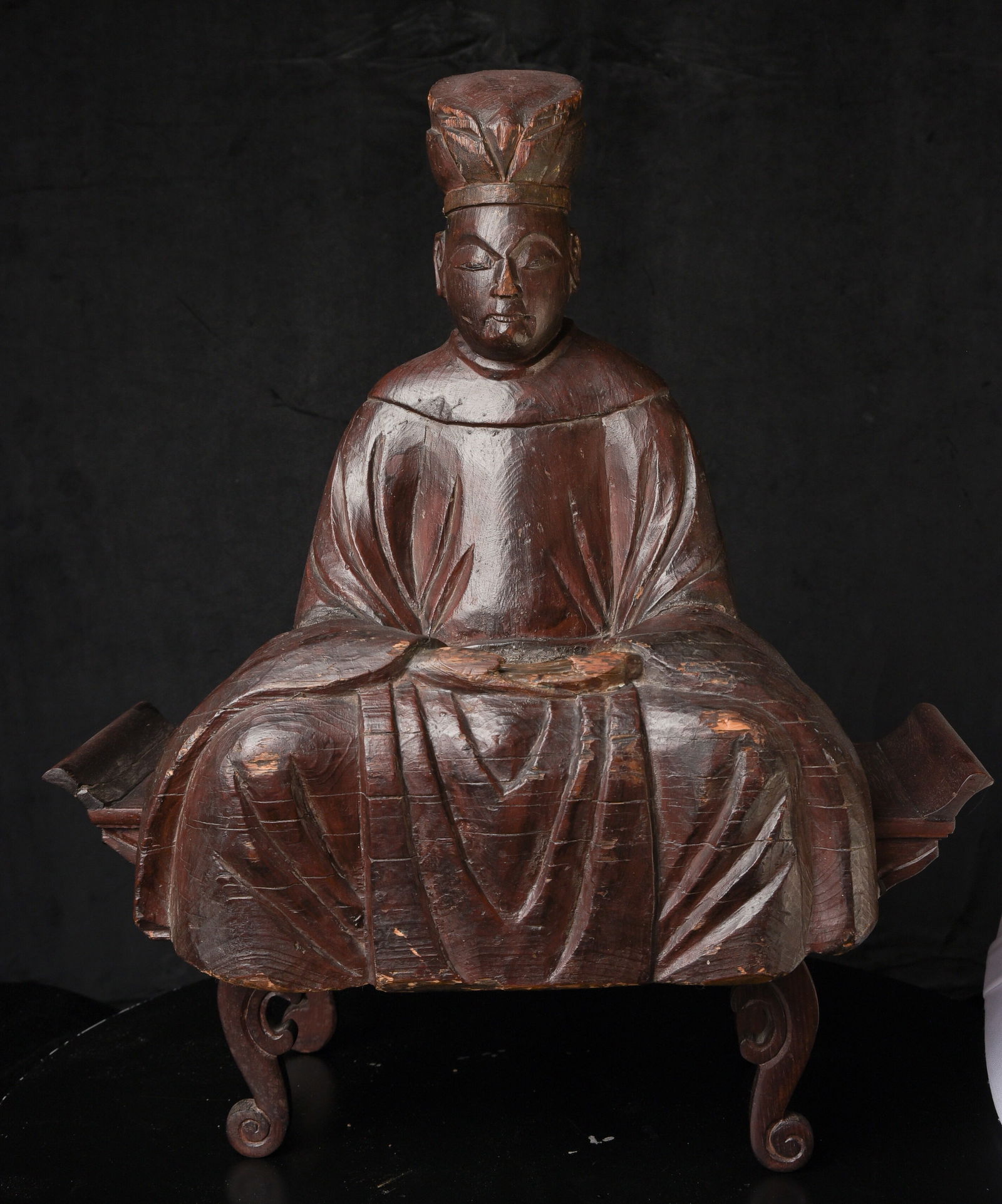 Mid 18thC Japanese Buddhist figure. Sublime piece with a wonderful 250+-year-old patina.: Mid 18thC Japanese Buddhist figure. Sublime piece with a wonderful 250+-year-old patina. The (included) bench has a repair. ( 14"H x 12"W x 8.5"D ) - 3.9lbs - Table - ( 15.5"L x 5.75"W 6.5"H )-2lbs