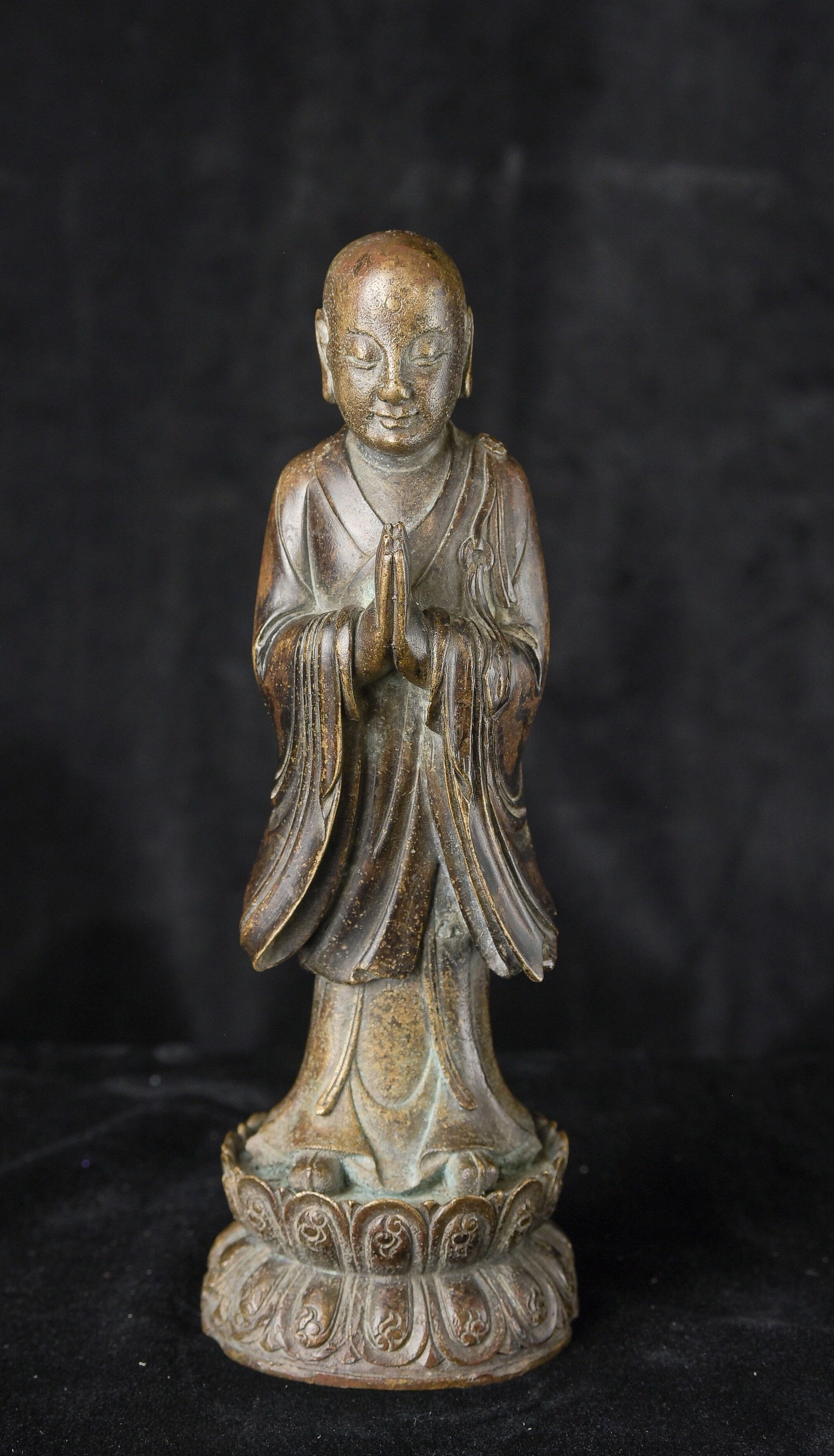 18/19thC Indian Bronze Virabhadra plaque. Significant ritual wear.: 19th century Chinese bronze standing Buddhist monk. A superb example of its type with incredible casting, sculpting and finishing. Much finer than the vast majority of this type. Look closely at the
