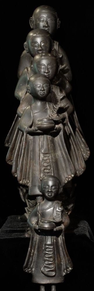 5 Antique Burmese Mandalay Standing Monks-Good Quality/Excellent Set: Delightful set of 5 Burmese solid-cast monks. Looks to be from the early 20th century. The tallest is 14.25" tall, shortest is 7-5/8". From the collection of a retired diplomat, who purchased it