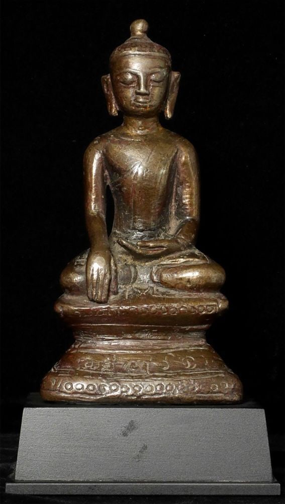 13-15thC Burmese Mon Buddha, Smooth Patina 9.75" Tall- Special!: 13-15thC Burmese Post Pagan/Beginning of Ava Buddha. Very gentle and sweet face. 8 inches tall, 9.75 inches on its custom stand. Hard to see, but the neck may have been professionally repaired or the