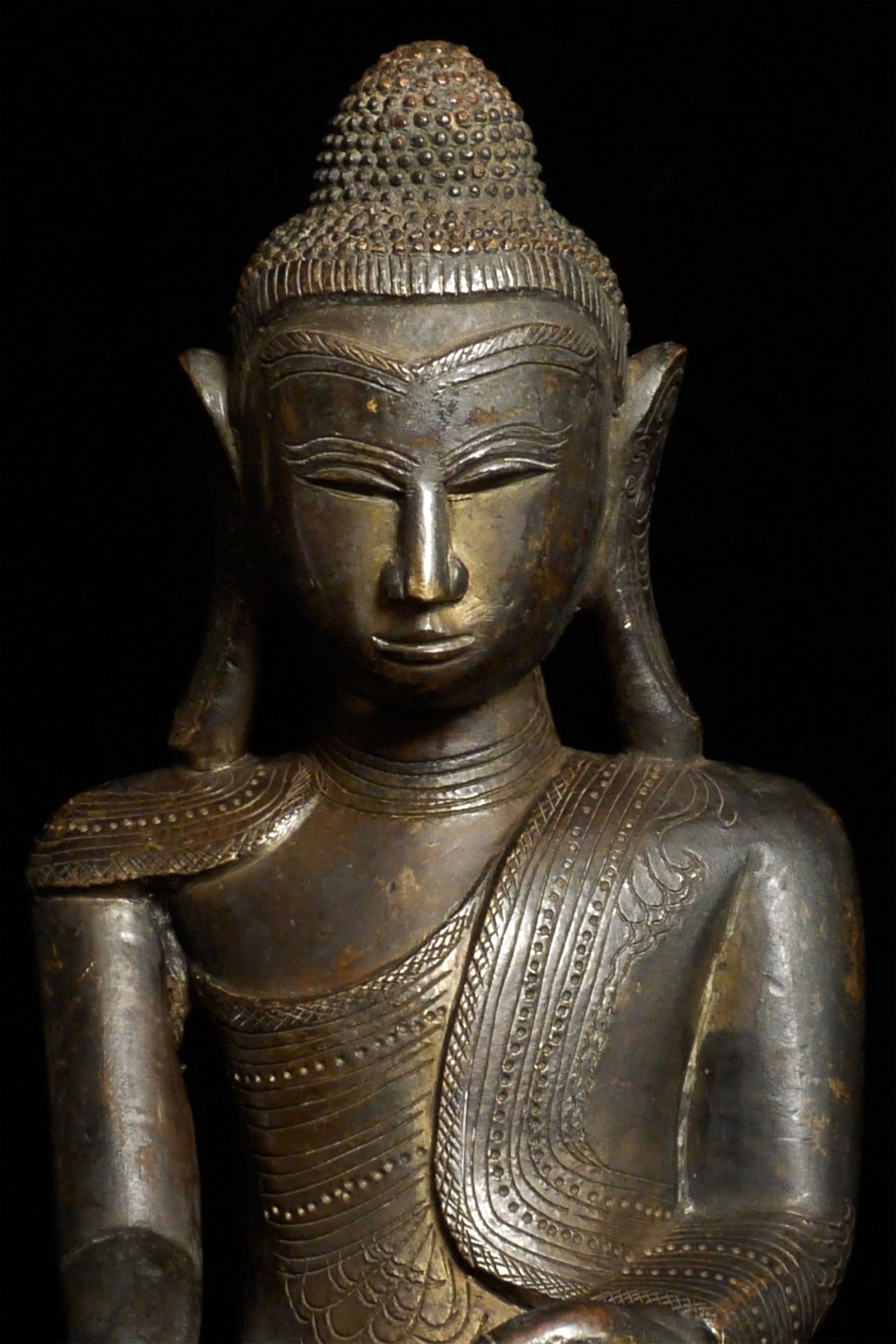 18/19thC Large Burmese Bronze Buddha extensive inscription-Finely Cast, Best: Best of type! 18/19th Burmese Buddha with an extensive inscription that covers both the front and back of the base. The extensive incised decoration done after the casting along with the style of the