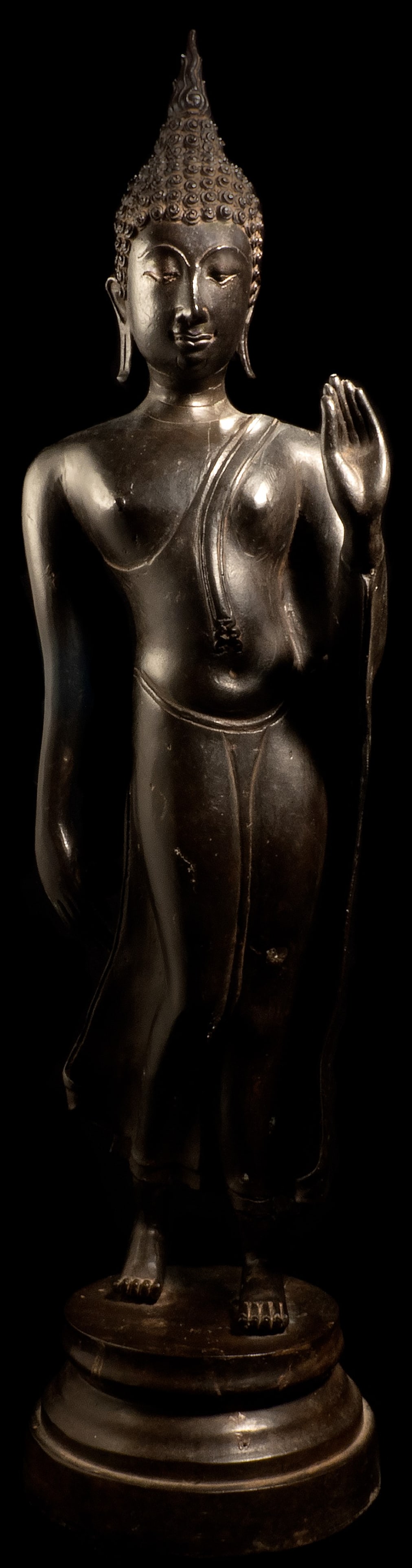 19th to 20thC walking Sukhothai Buddha-Beautifully cast: Beautifully cast 19th to 20thC walking Sukhothai style Buddha. One of the most graceful of all Buddhist forms, this meditation in motion shows Thai sculpture at it's pinnacle. This is almost