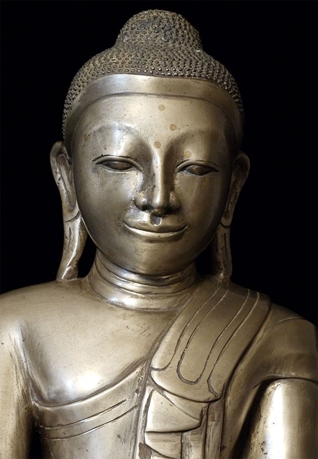 18thC Large Burmese Buddha w/ Inscription, 14.5" Tall-: Large 18thC antique Burmese bronze Buddha with inscription on the front of the base. Impressive at 14.5 inches tall, 11 inches wide, and 8 inches deep. A nice example of its type.