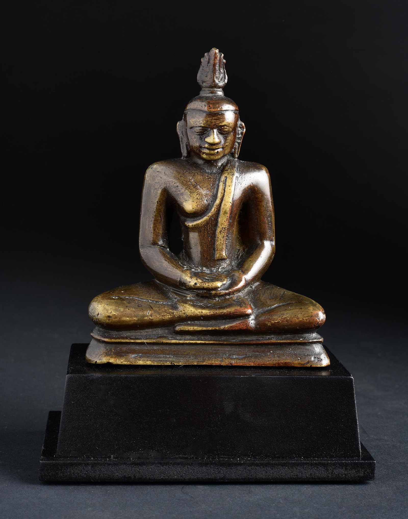 15thC Sri Lankan Buddha- Pre-Kandy- Warring States: Rare Sri Lankan Buddha- Pre-Kandy- Warring States Period- 14-16th Century. This piece measures 4 inches tall and 5 3/8 inches tall on its custom base.