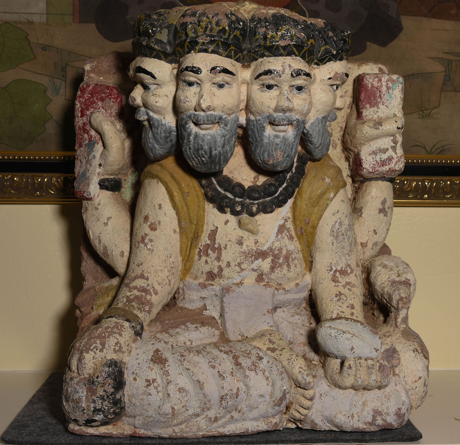 18/19thC or earlier Painted Multi-headed Stone Brahma from India- Large, Commanding, Beautiful!!: This is a very special offering. A large (hundred plus lbs when packed) stone sculpture of Brahma, in his four-headed glory. The condition is very good, with much of the original polychrome intact Som