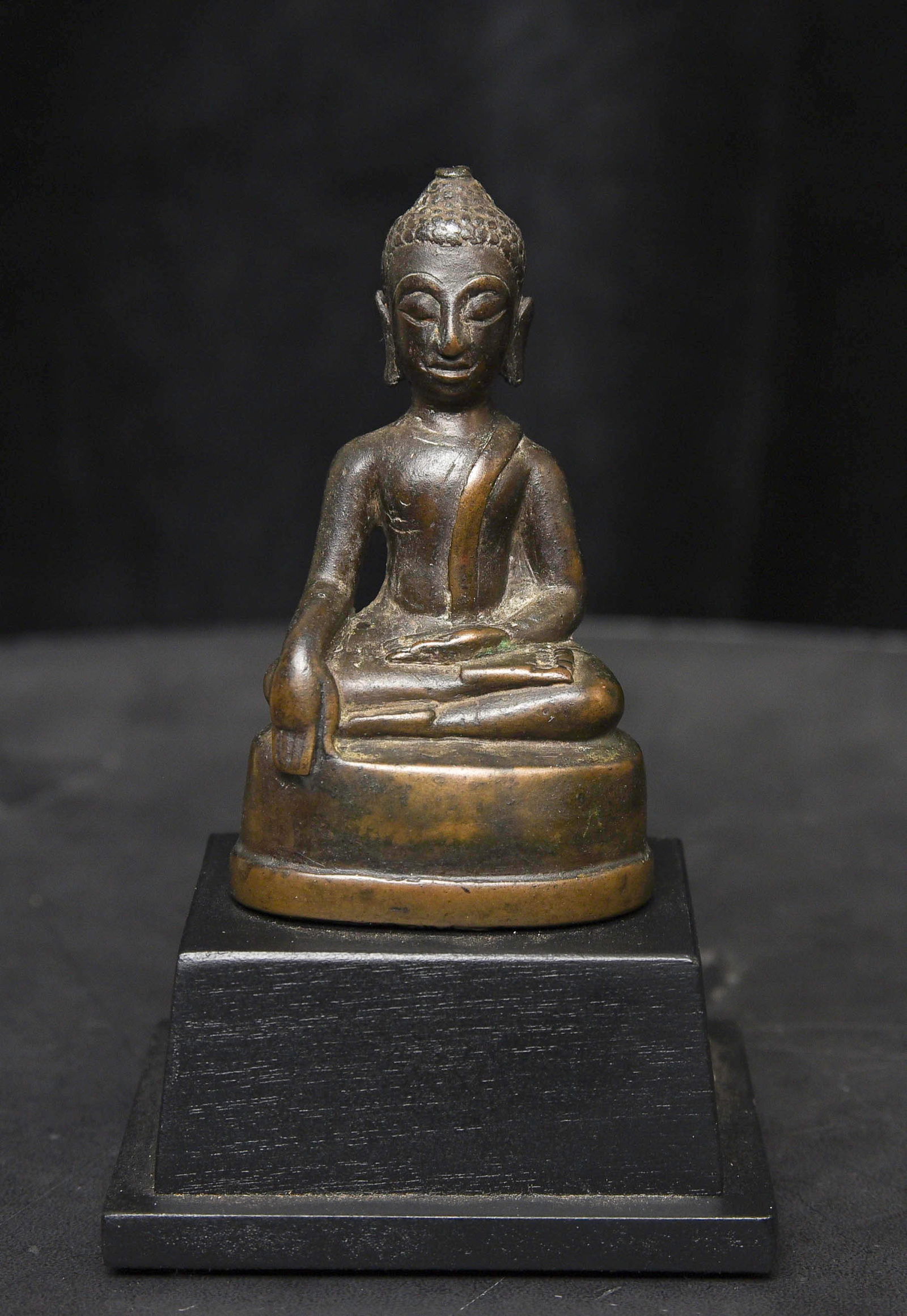 Superb 16thC Northern Thai Bronze Buddha. Very fine Sculpting, Casting, Finishing-SPECIAL: Superb 16thC Northern Thai Buddha. Tremendous presence. 3 1/8 inches tall, height on custom stand is 4.5 inches.