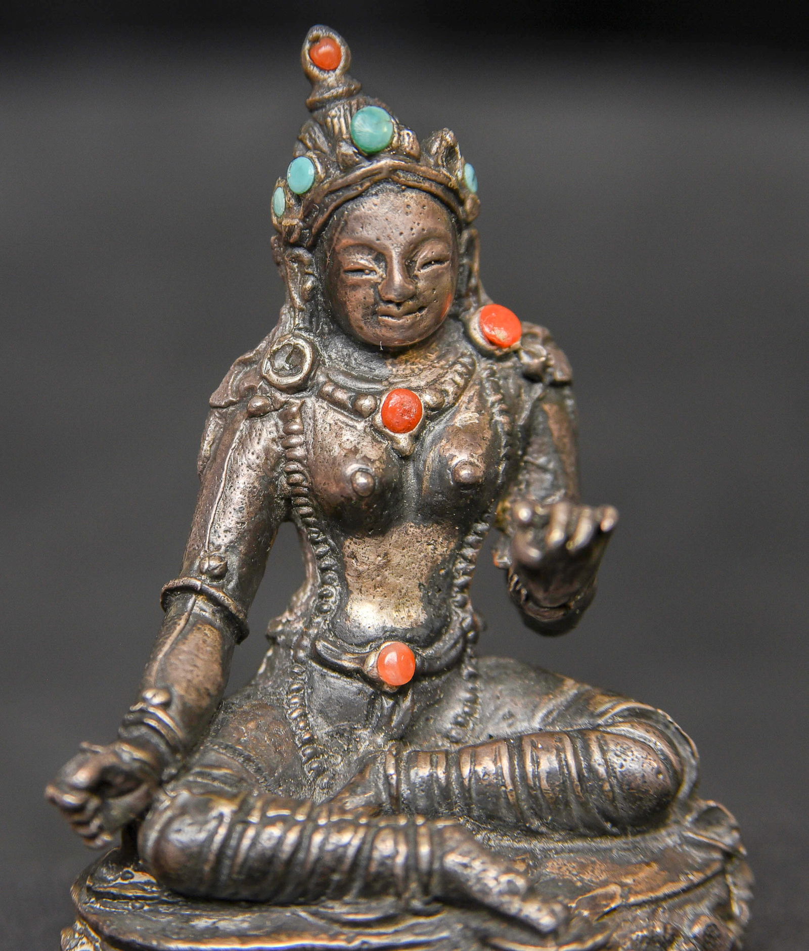 18thC Mongolian bronze Bodhisattva- solid-cast - 16