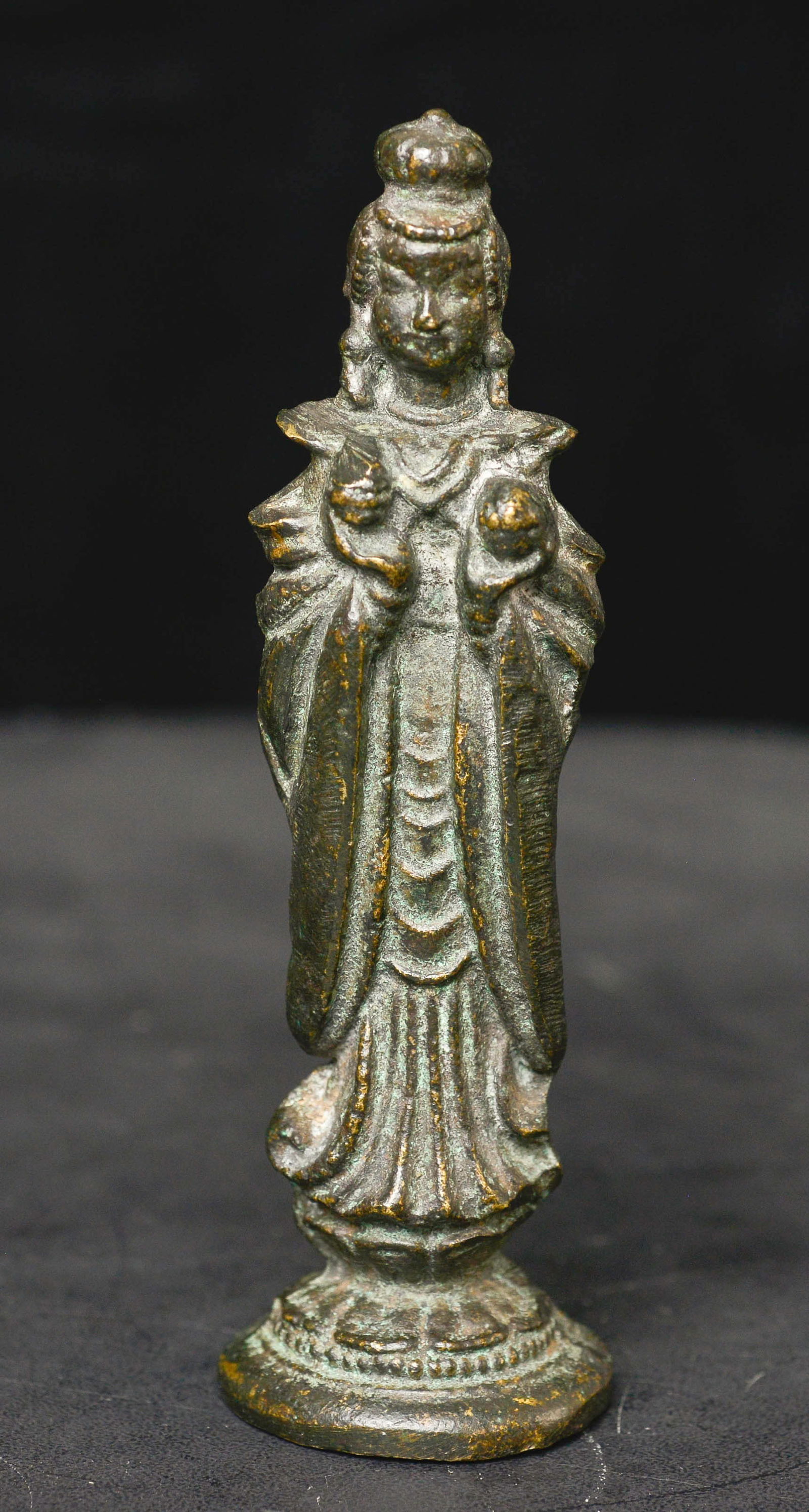 Very old solid-cast Bodhisattva- likely pre-10thC Korean. Purchased 1950's in Korea: Very old solid-cast Bodhisattva- likely pre-10thC Korean.. If anyone has feedback on this piece please share. Purchased in Korea in the first half of the 1950's by US soldier stationed in Korea.