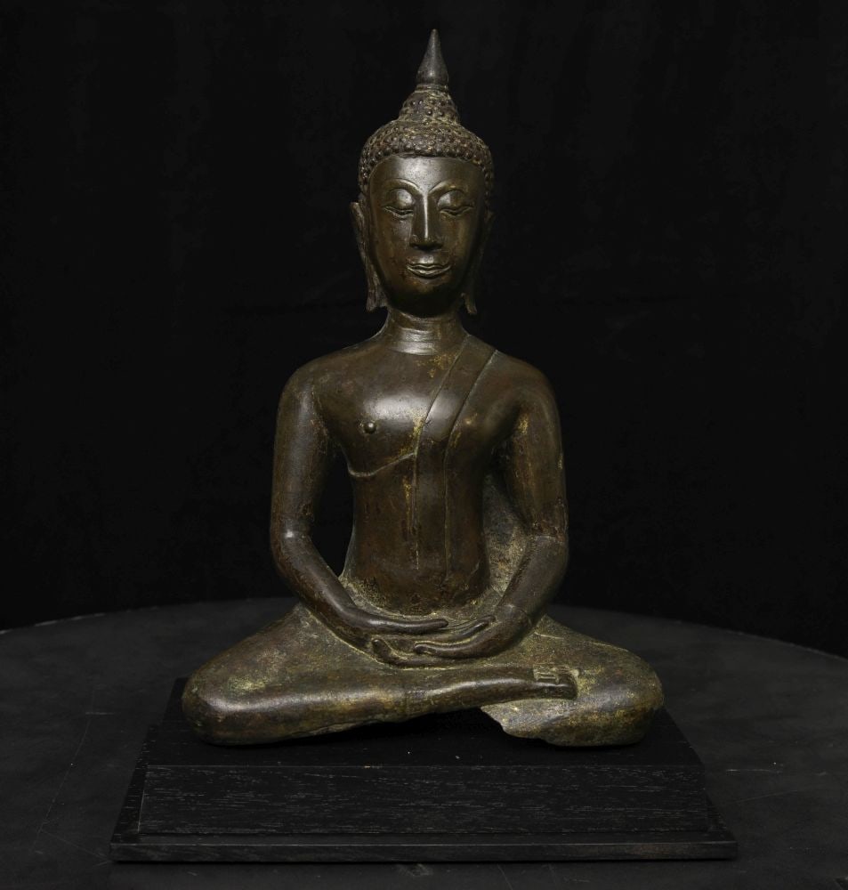 16thC Sukhothai Buddha with hands in a Samadhi (meditation) Mudra. Deeply serene: Deeply serene 16thC Thailand Sukhothai or Northern Sukhothai Buddha with hands in a Samadhi (meditation) Mudra. The height is 9 inches, and the height on the custom stand is 10 inches. The original