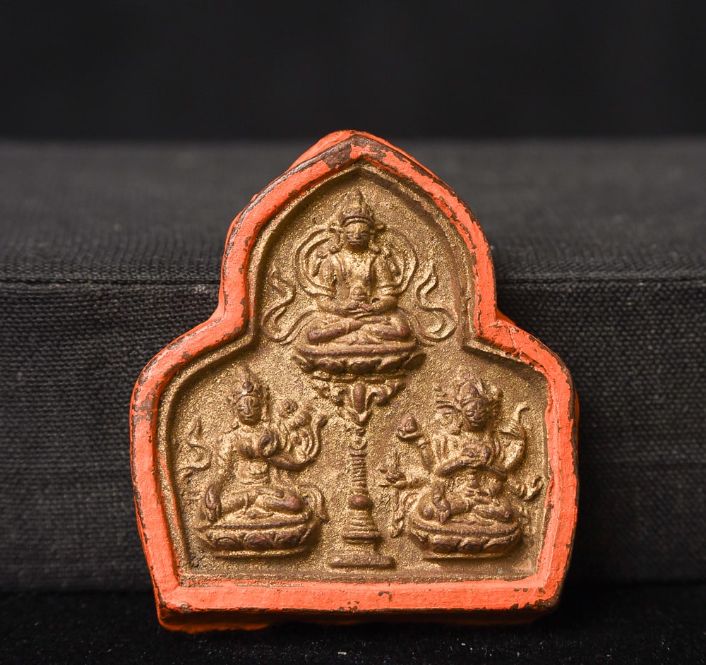 19th C Buddhist clay votive from Tibet/Mongolia.: 19th C Buddhist clay votive from Tibet/Mongolia - ( 1.75"H x 1.625"W x .375"D ) - 25g.ly 19thC. Deep Discount