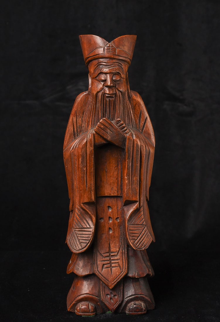 Antique Chinese Buddhist or Daoist Figure carved in wood.: Antique Chinese Buddhist or Daoist Figure carved in wood. In deep concentration. ( 10.25"H x 3.5"W x 3"D ) - 435g