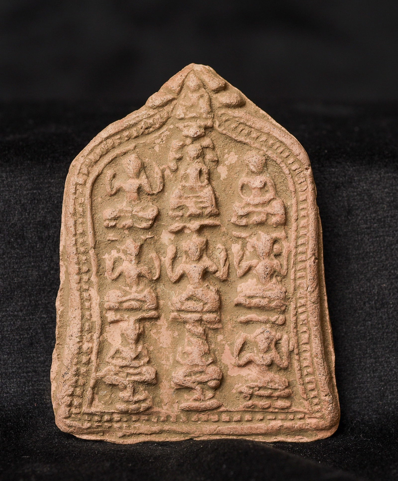 13th-15thC Cambodian or Thai Clay Buddha Tablet. Rare type.: 13th-15thC Cambodian or Thai Clay Buddha Tablet. Rare type. - ( 3.75"H x 2"W x .375"D ) - 45g.