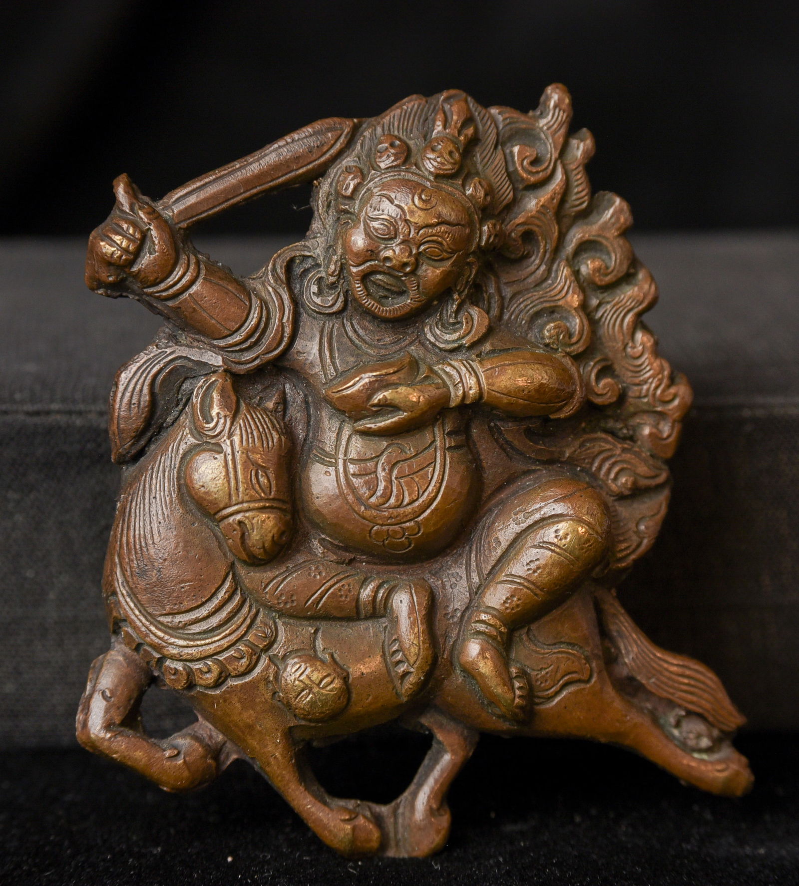Antique Bronze Fierce Tibetan Deity.: Antique Bronze Fierce Tibetan Deity. - ( 2.5"H x 2.5"W x 5"D )
