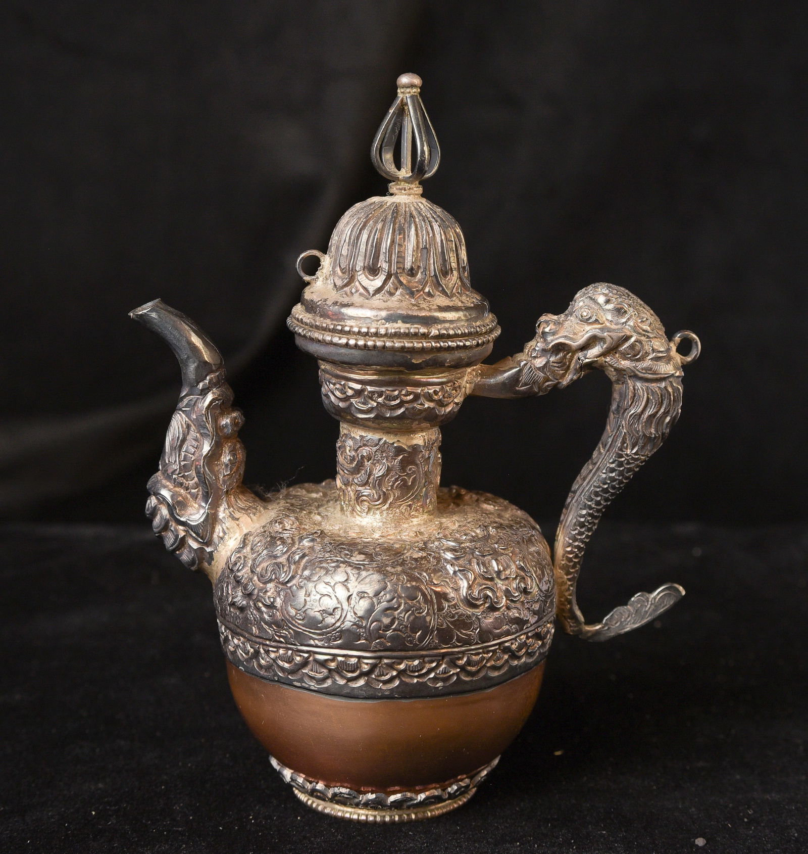 Tibetan Copper and silver repousse ritual vessel-vintage/old.: Tibetan Copper and silver repousse ritual vessel-vintage/old ( 5.25"H x 4"W x 2.25"D ) - 120g.