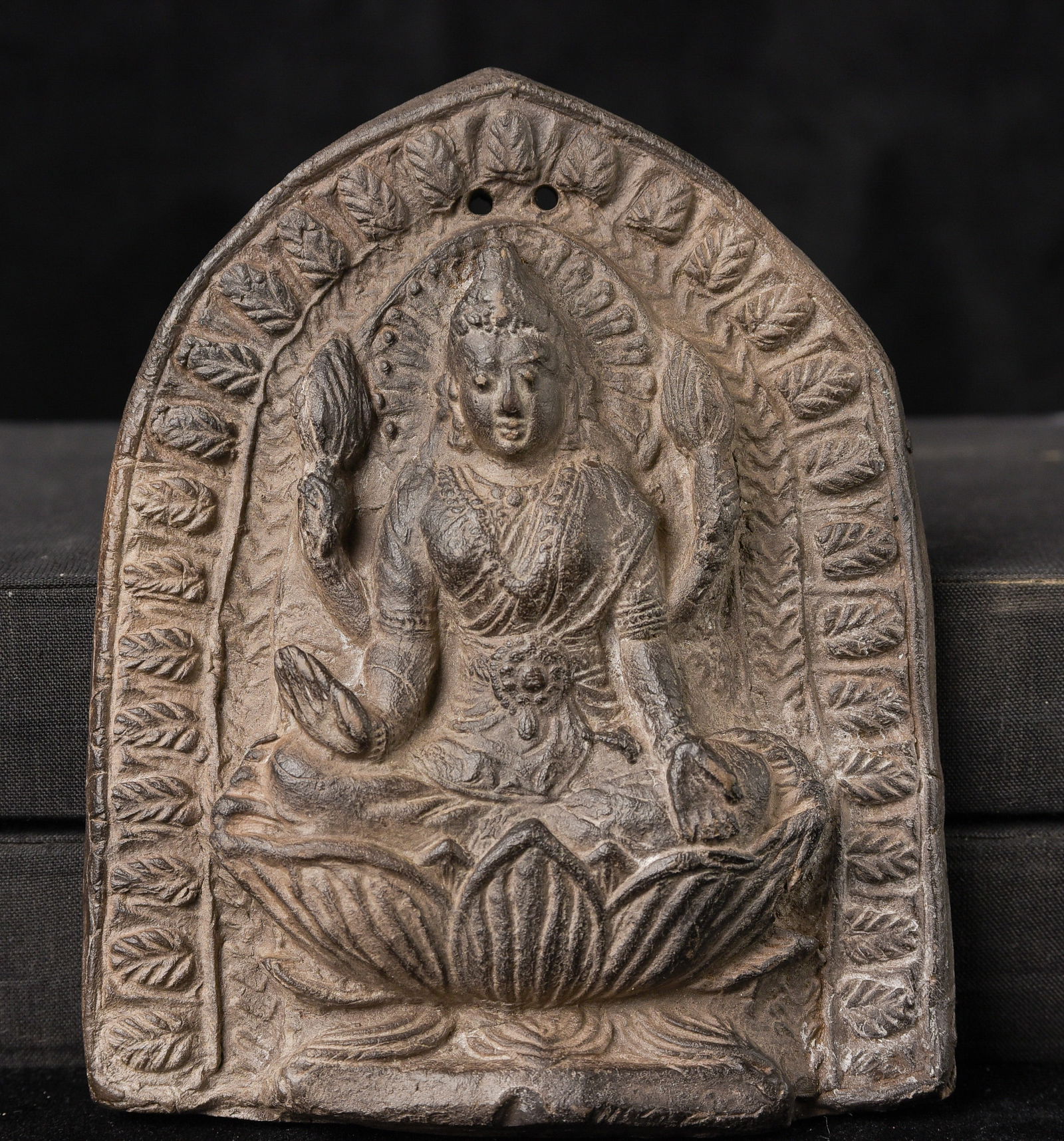 Vintage/old Nepalese (?) clay Bodhisattva plaque.: Vintage/old Nepalese (?) clay Bodhisattva plaque. ( 5.5"H x 4.5"W x 1D ) - 260g