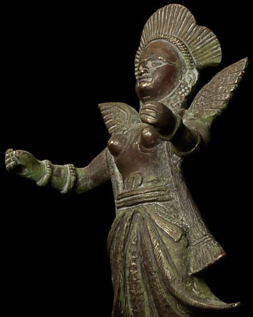 Antique Asian Bronze Angel: This bronze angel stands on its custom base for a total height of 10.5" . Bottom of the base measures 3 7/8" square. Unsure of origin. Looks to have good age.