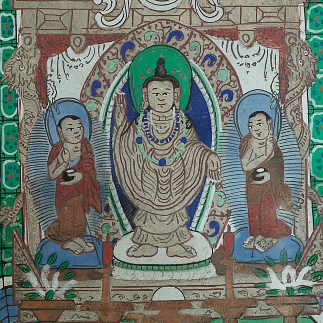 Antique Mongolian thangka in an old frame.: Antique Mongolian thangka in an old frame, which measures 8 7/8" x 7".