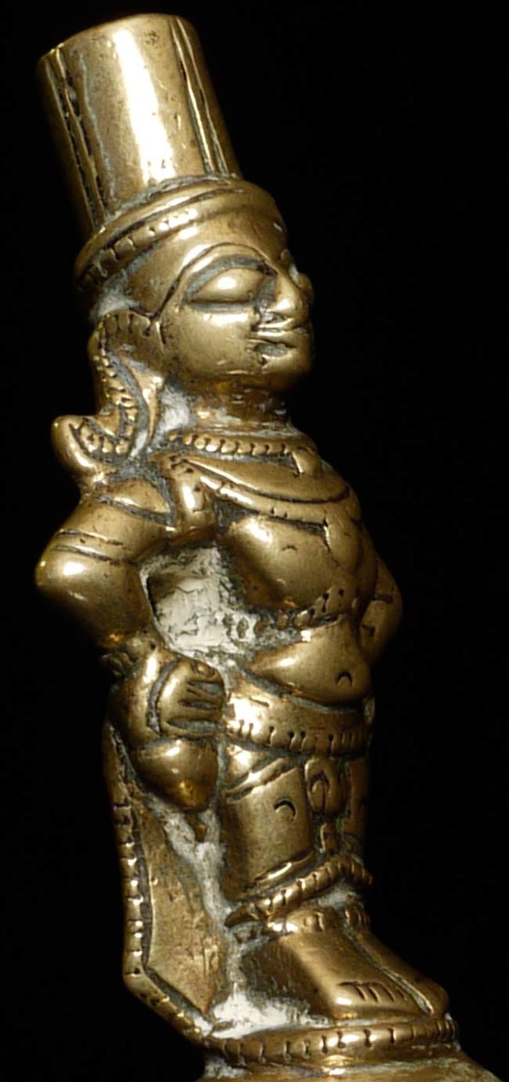 An unusually, unique 18/19th century Southern Indian: An unusually, unique 18/19th century Southern Indian figure with strong poise. This piece is 3” tall and its bottom squared base at 1.25” Deep discount.