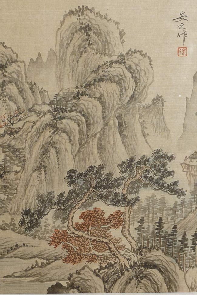 Chinese painting- may have originally been part of a scroll.: Chinese painting- may have originally been part of a scroll. Nicely painted. Probably 19thC- possibly older. Framed. Dimensions: 14.25" x 19.25" (frame size). Painting is 14.25" x 12". Mat is covered