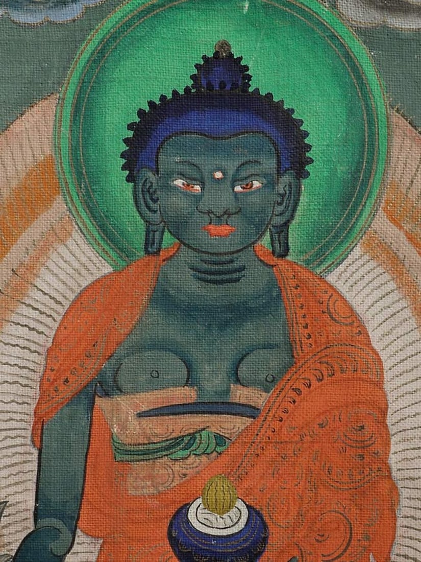 Outstanding vintage Mongolian Thangka-originally would: Outstanding vintage Mongolian Thangka-originally would have been in a large Gau box, which is why the condition is so good. This is a particularly nice example. Painted Thangka measures 8.75" x 6"Deep