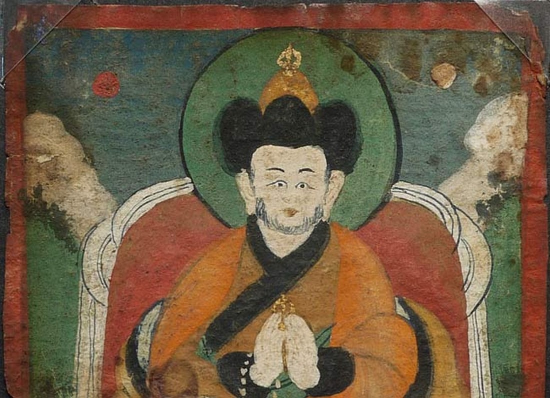 Very uncommon 19thC Mongolian Thangka of a revered lama: Very uncommon 19thC Mongolian Thangka of a revered lama or teacher. Condition as shown in photos. Size of Thangka is 3 1/8" x 2.5"