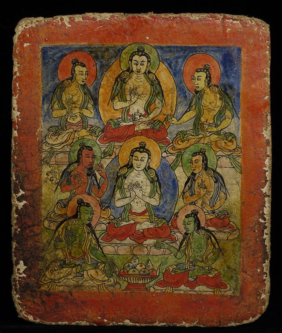 18/19thC Tibetan Buddhist painting with writing on the Back: 18/19thC Tibetan Buddhist painting with writing on the back. Domestic shipping included. International-$25Approx. 4 by 5 inches.