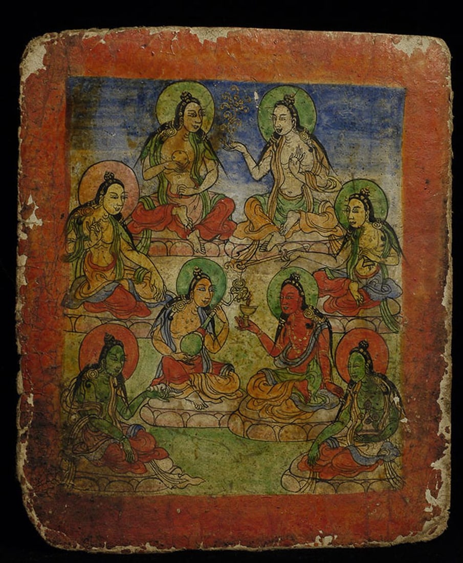 18/19thC Tibetan Buddhist painting with writing on the back.: 18/19thC Tibetan Buddhist painting with writing on the back. Approx 4 by 5 inches.