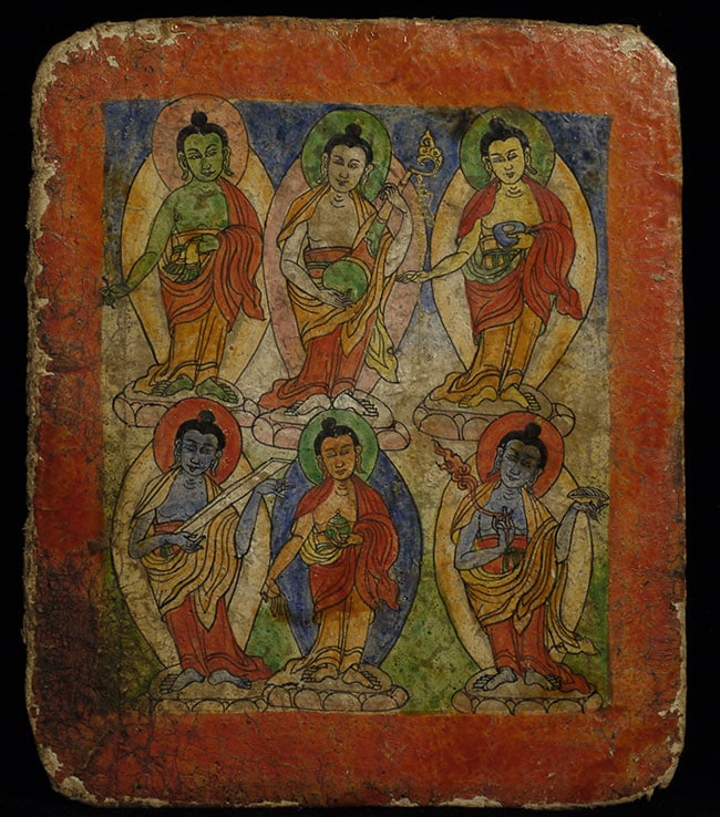 18/19thC Tibetan Buddhist painting/monk training card w writing on the back. Rare Older Type: 18/19thC Tibetan Buddhist painting with writing on the back. Approx. 4 by 5 inches.