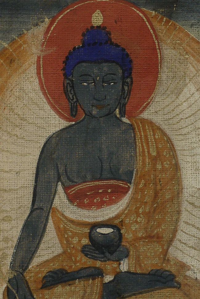 Miniature Blue Buddha Antique Mongolian Thangka-Fine: Antique Mongolian Thangka. Measures 2.75" x 3"