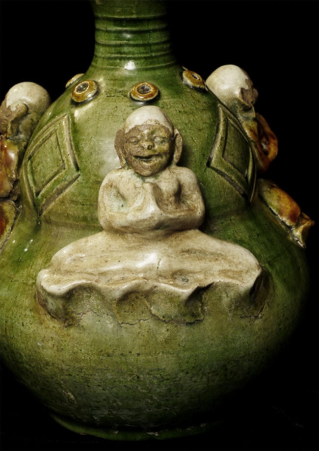 Japanese (?) Sumangala Pottery or other vase with great personality.: Mystery vase- previous owner believed it was Sawankalok era (15thC) from Thailand. A knowledgeable collector suggested that it may be Japanese Sumangala pottery. I am unsure of dating or origin. Size