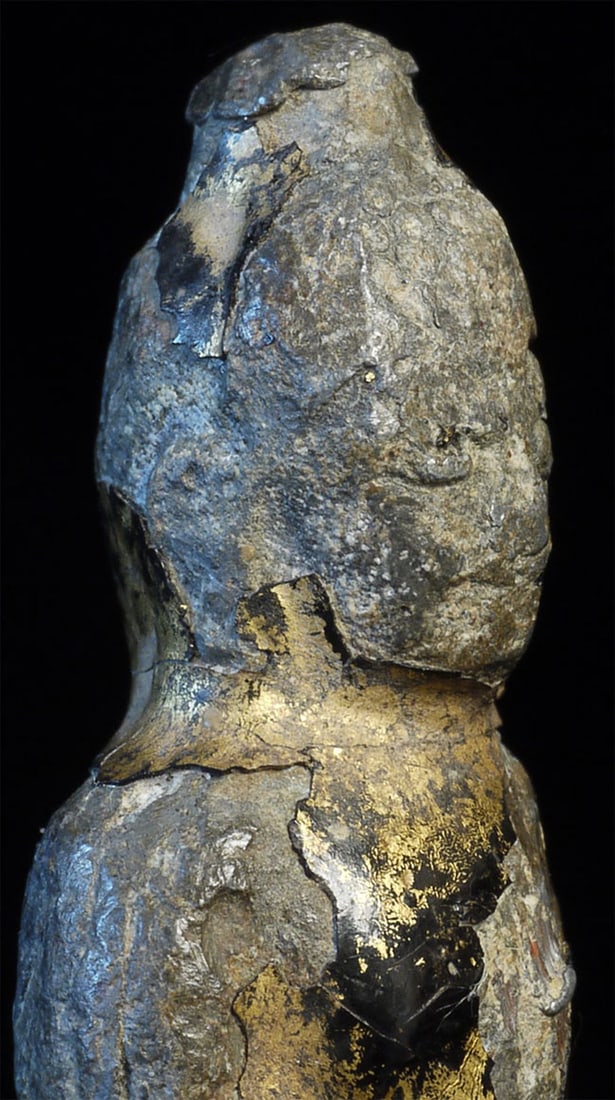 14/15thC Northern Thai solid cast lead/bronze Buddha-Early Devotional Object: 14/15thC Northern Thai solid cast lead/bronze Buddha with remains of lacquer and gilding. Very powerful. Sits 1.5 inches tall. Deep discount. Look closely and you will see echoes of a beautiful face s