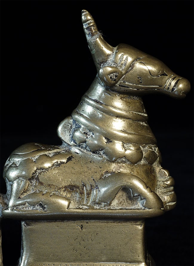 Antique Indian Bronze/Brass Nandi.: Antique Indian Bronze/Brass Nandi. Sits 6 inches tall, hood is 3 1/8 inches wide.